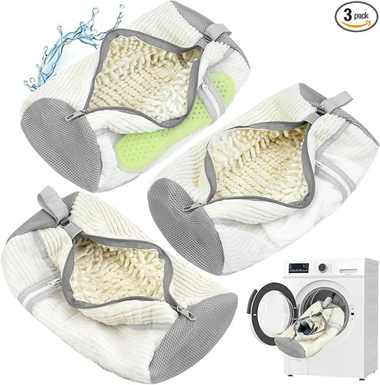 Shoe Washing Machine Bag, 3 Pack Shoe Cleaning Bag for Washer and Dryer, 360° Deep Cleaning Reusable Shoes Laundry Bags for Sneakers with Zipper Protection and Side Mesh Pouch, White