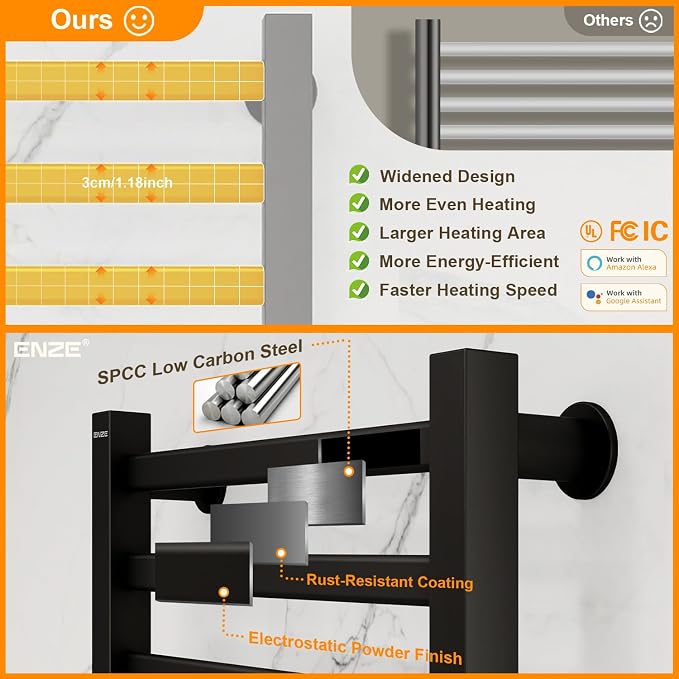 ENZE Smart Heated Towel Rack, 9-Bar Wall-Mounted Electric Towel Warmer 230W, Wi-Fi App Control & LED Touch Screen, Adjustable Temperature & 24H Timer, IPX5, Plug-in/Hardwired, Matte Black