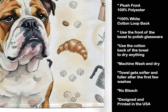 Caroline's Treasures Brindle and White English Bulldog Coffee Bar Kitchen Towel Velour Plush Front and Cotton Loop Back Machine Washable