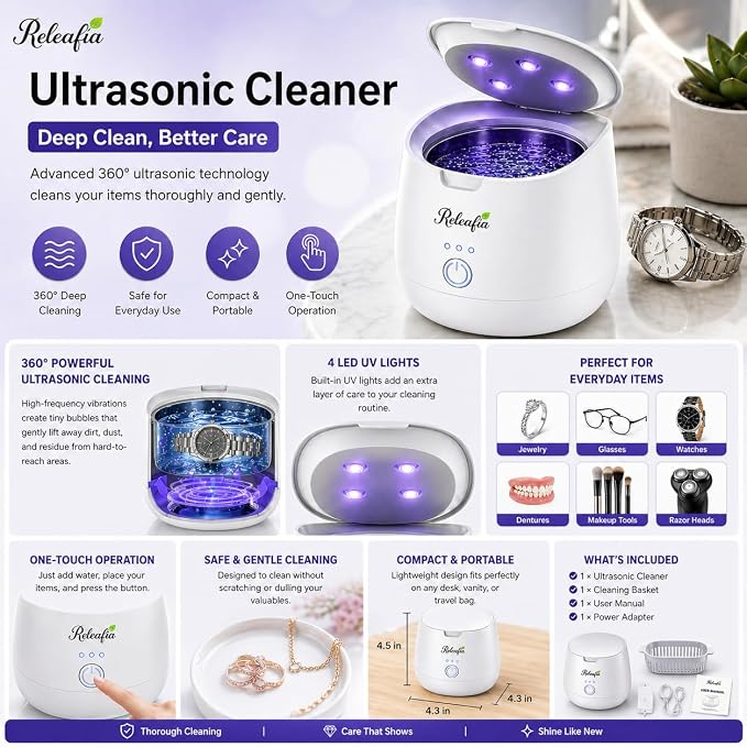 New Releafia – Ultrasonic Denture Cleaner Machine With UV-C Lights | Aligner Cleaner, Mouth Guard Cleaner, Denture Cleaner & Night Guard Cleaner | 45000 kHz Dental Cleaning Pod for Retainers