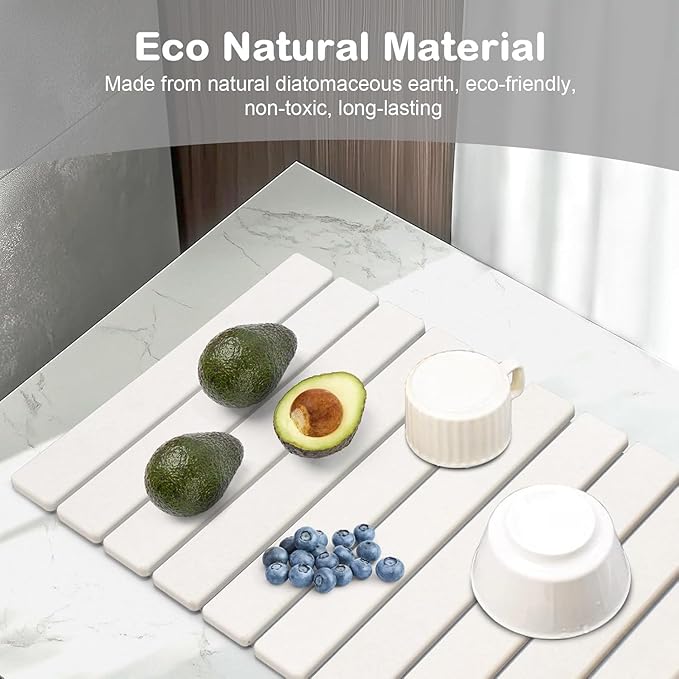 Large Stone Dish Drying Mat for Kitchen Counter, 24"(L)×16"(W), Super Absorbable Diatomaceous Stone Mat, Collapsible Stone Dish Drying Mat for Dishes Bottles, Cups, Match Any Countertop