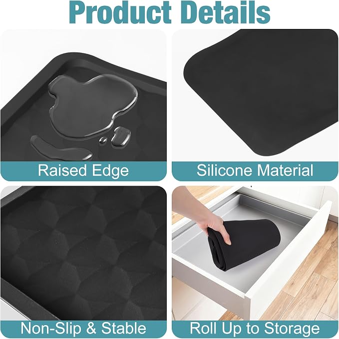 ToLanbbt Refrigerator Spill Mat - 37.5'' x 8.5'' Silicone Under Fridge Floor Protector with Raised Edge, Leak Catcher Liner Drip Tray for Refrigerator Washing Machine, Dryer, Wine Cooler, Black