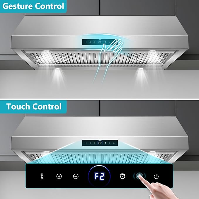 48 inch Under Cabinet Range Hood 1500 CFM with 4-Speed Gesture Sensing & Touch Control, Stainless Steel Kitchen Stove Vent Hoods with 4 LED lights, Time Setting, Dishwasher-Safe Baffle Filters