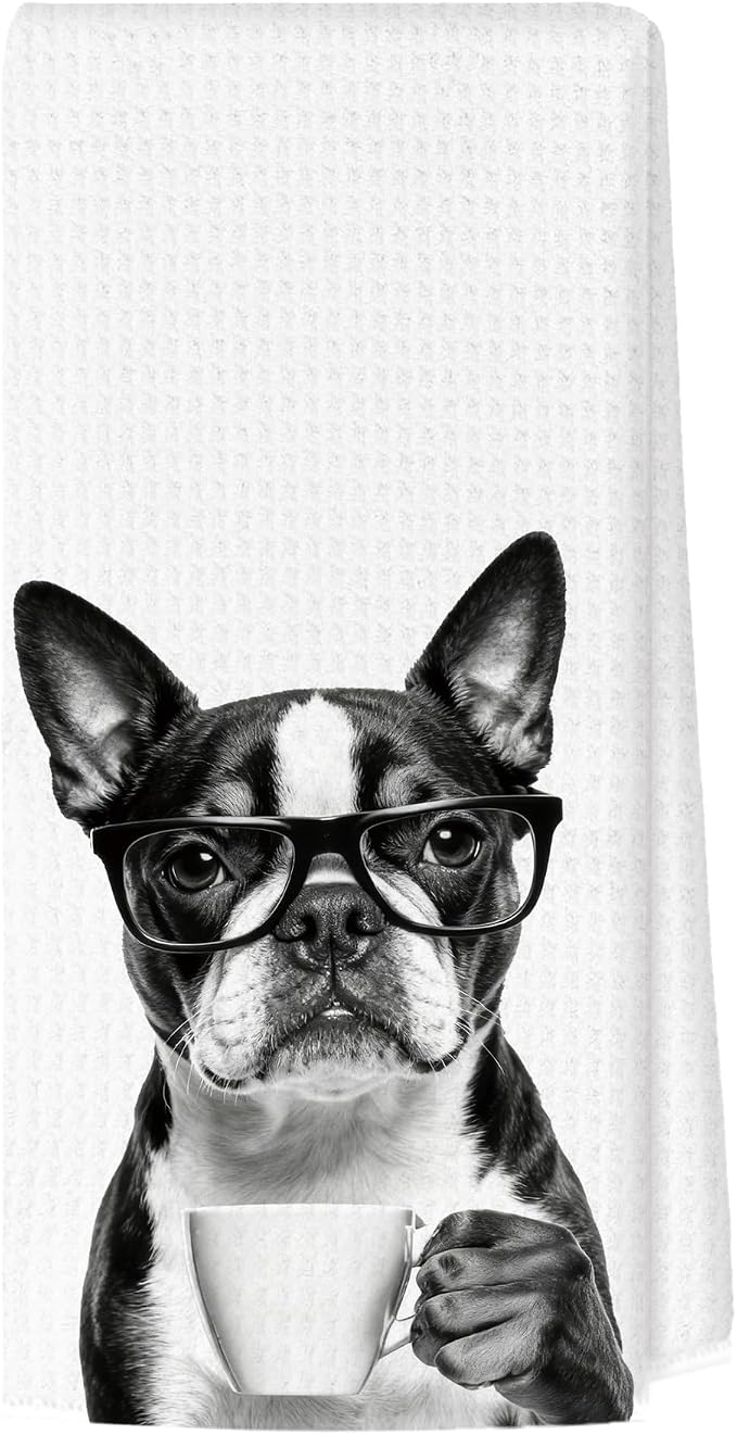 Funny Boston Terrier Kitchen Towels, Dog Kitchen Accessories, Dog Chef Gifts for Women Decorative Hand Towels for Kitchen Decor, Coffee Lovers Gifts Dish Tea Towel, 16x24 Inch