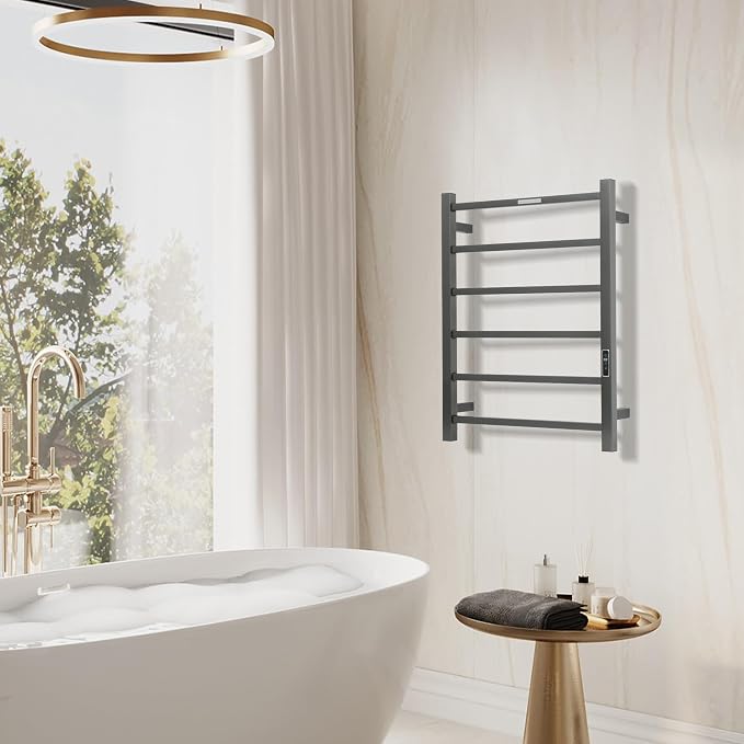 Electric Heated Towel Warmer - Wall Mounted Bathroom Towel Rack, Plug-in Design & Brushed Stainless Steel 6 Bar Gunmetal with Timer & Temperature Control