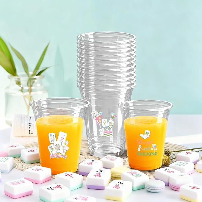 100 Pcs 12oz Mahjong Plastic Cups for Parties, Disposable Clear Themed Birthday Decorations Game Night Supplies Gifts for Mah Jong Lovers
