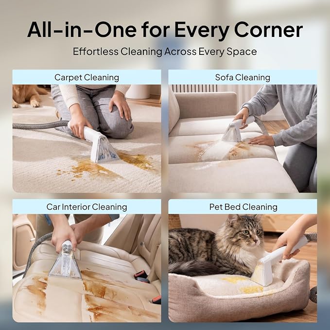 Portable Carpet Cleaner Machine for Pet Stains Upholstery Car Interior, 16kPa Powerful Suction Spot Cleaner with 2.3L+1.3L Dual Tank Self-Cleaning for Couch Rug Stairs Sofa Handheld Deep Cleaner