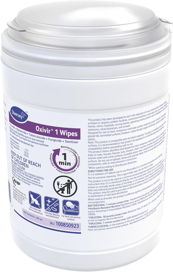 Oxivir Diversey 1 Disinfectant Wipes, AHP Hydrogen Peroxide Cleaner, Multi-Surface Cleaner for Home & Commercial Use, Small Wipes, 160 Count Canister