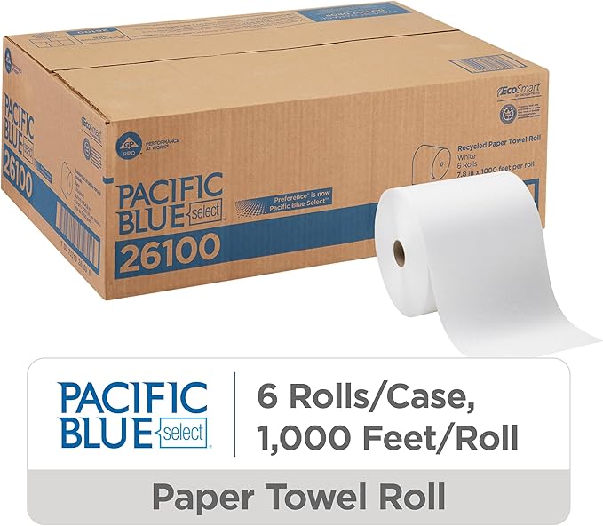 Georgia-Pacific Pacific Blue Select 7.875" Recycled Paper Towel Rolls by GP PRO, White, 26100, 1000 Feet Per Roll, 6 Rolls Per Case