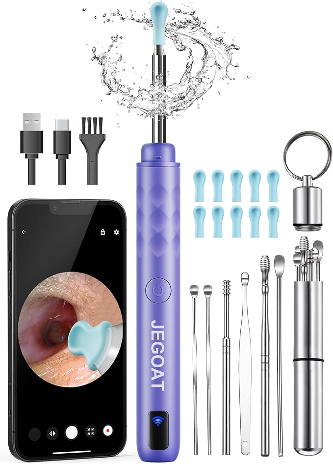 Jegoat Ear Wax Removal, Ear Wax Removal Tool Camera with 1296P HD Camera and 6 LED Lights, Ear Cleaner with 10 Ear Pick, Upgraded Ear Wax Removal Kit for iOS and Android, Purple