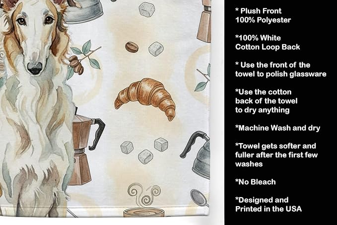 Caroline's Treasures Borzoi Coffee Bar Kitchen Towel Velour Plush Front and Cotton Loop Back Machine Washable