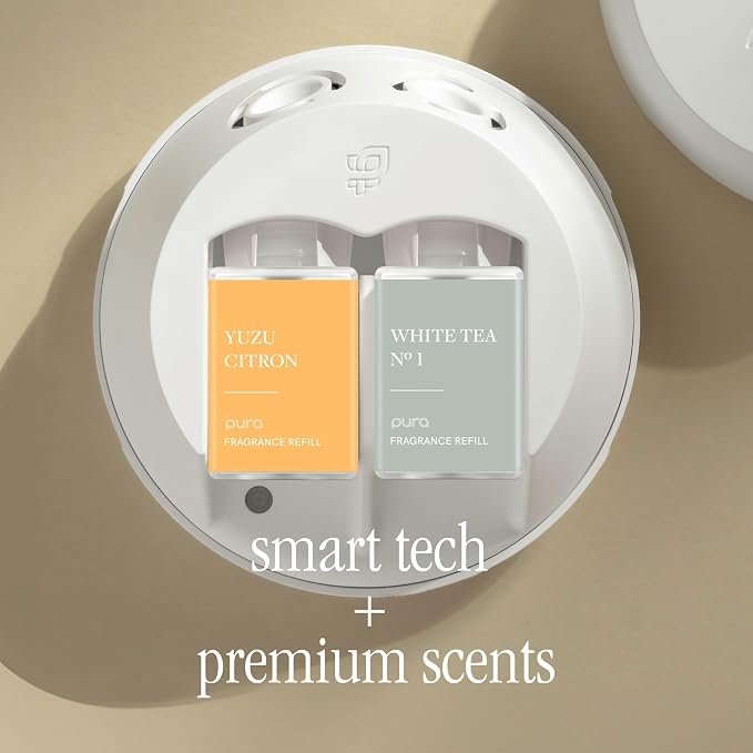 Pura - Smart Home Fragrance Device Starter Set - Pura 4 - Scent Diffuser for Home - Includes Fragrance Aroma Diffuser - Square Box, Yuzu Citron and White Tea No. 1 Scent Refills