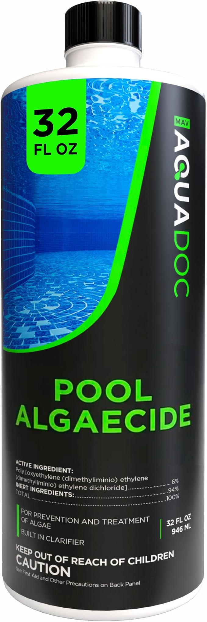 AquaDoc Liquid Algaecide for Swimming Pools - 32 oz - Treats Up to 2,500 Gallons - Non-Foaming, Copper-Free Formula for Pool Algae Control with Built-in Clarifier - Made in USA