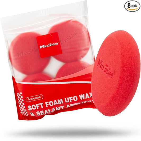 Maxshine Foam Waxing Applicator Pads | Red, Dia: 10cm, 8 Pack | UFO Shape, Laser-Cut Edges, Reusable | Even Wax Application for Car Detailing