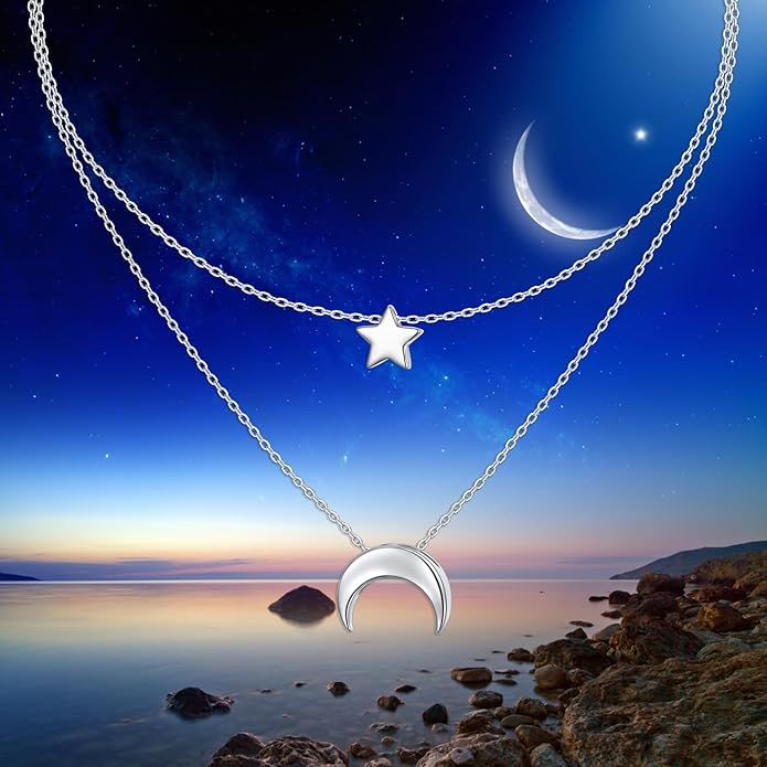 FLYOW Layered Choker Necklace S925 Sterling Silver Star Full Moon Daisy Flower Pendant Disc Jewelry Adjustable Clavicle Necklaces for Women Girls Birthday Gifts