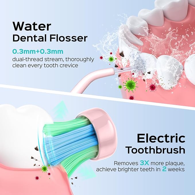 COSLUS C20 & C41 Portable Water Flosser with Electric Toothbrush Combo: 2-in-1 Oral Clean Kit for Teeth, Braces, Gums Care - Brushing & Flossing for Adults, Family, Travel Use, BPA-Free, Pink
