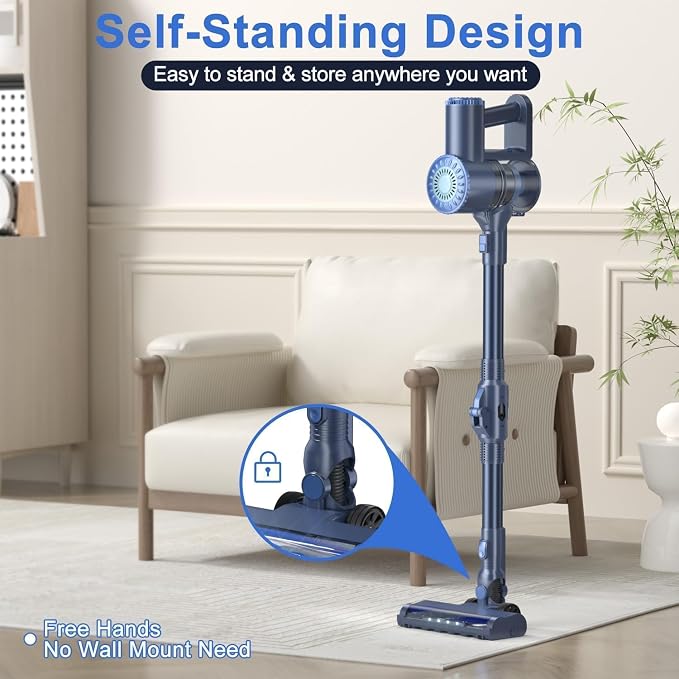 PRETTYCARELIFE 6-in-1 Cordless Vacuum Cleaner,Stick Vacuum with 180° Bendable Wand,High Power/Powerful Suction/Long Runtime,Self-Standing Wireless Vacuum for Hardwood Floor (Blue)