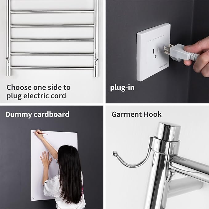 8-Bar Towel Warmer Plug-in Hardwired 3 Modes Mirror Steel 21”W 34”H | can be surface-mounted or flush-mounted, with wiring/cable exit available on either the right or left side.