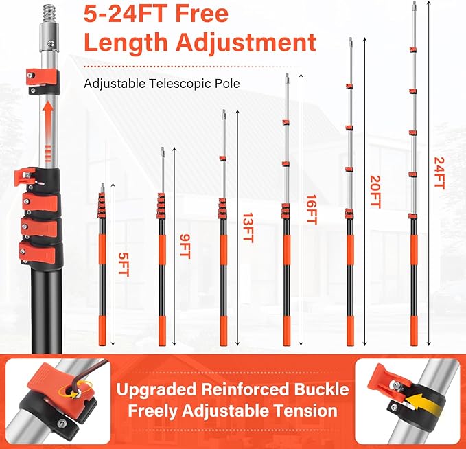 5-24FT Telescoping Extension Pole,Reach 30FT Extension Pole for Cleaning,Multi Purpose Telescopic Pole with 3/4'' Universal Threaded,Lightweight Professional Telescopic Pole for Outdoor Indoor Use