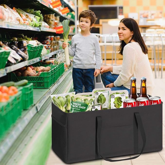 LHZK 2 Pack Extra Large Utility Tote Bag with Metal Wire Frame and the Sides Rinforced, Extra Large Tote Bag with Handle, Reusable Grocery Bags Foldable, Beach Bag, Car Tote (Black, 26''x15''x13'')