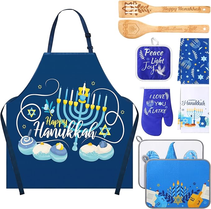 9 Pcs Hanukkah Kitchen Gift Include 1 Hanukkah Apron 2 Kitchen Towels 2 Wooden Spoons 1 Oven Mitts 1 Pot Holders 2 Dish Drying Mat Hanukkah Gifts for Home Decoration Chanukah Gift