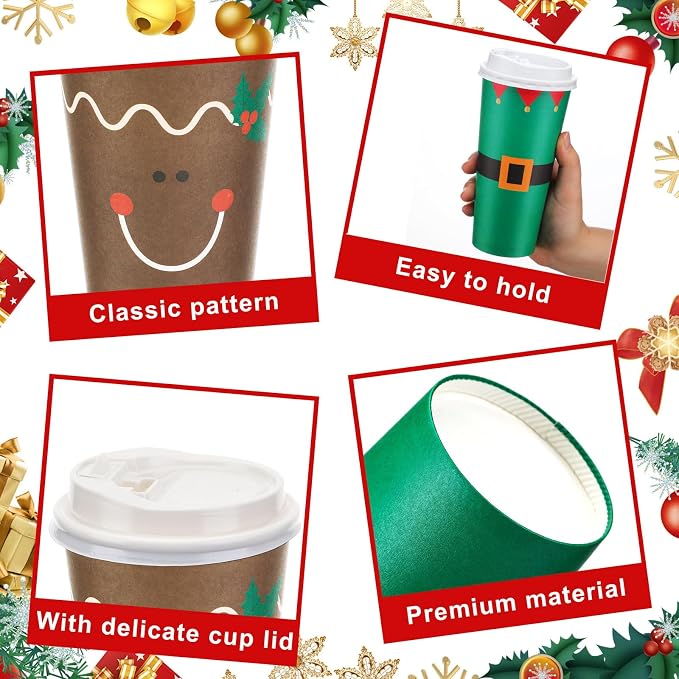 Dandat 20 oz 52 Pcs Christmas Coffee Paper Cups with Lids Disposable Christmas Paper Cups for Hot Cocoa Tea Beverage Holiday Xmas Party Supplies