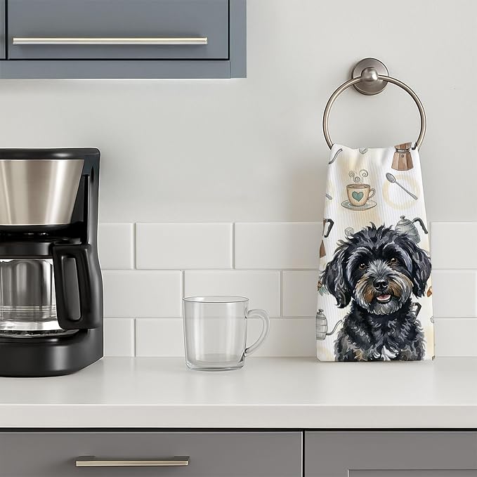 Caroline's Treasures Black Havanese Coffee Bar Kitchen Towel Velour Plush Front and Cotton Loop Back Machine Washable
