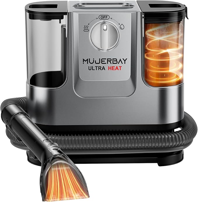 Upholstery Carpet Cleaner, MUJERBAY UltraHeat 12Kpa Portable Spot & Stain, Move with Universal Wheels & Handle, 1.18-inch Deep Cleaning Machine for Couch, Stairs, Car & Pet Messes.Silvery Black