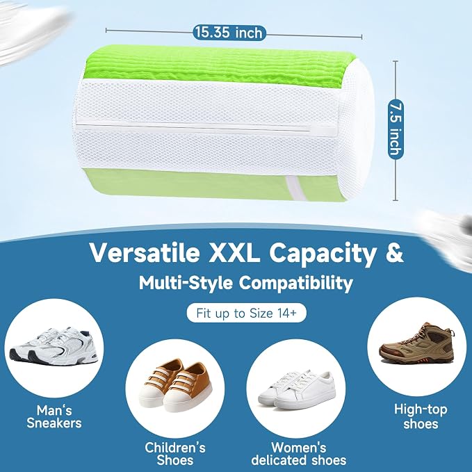 Shoe Bag for Washing Machine and Dryer - 2PCS XXL Reusable Shoe Laundry Bag with Shoe Tree - Chenille Microfiber 360°Deep Cleaning Bag for Sneakers Tennis Delicate Shoes - Green 15.35 × 7.5 Inches