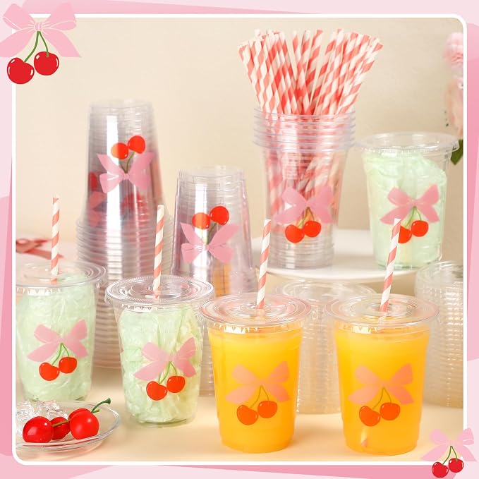 Sliner 25 Pcs 16 oz Coquette Disposable Plastic Cups with Straw for Party Supplies Bow Cups Birthday Wedding Bridal Engagement Party Drinkware Baby Shower Decoration (Cherry Bow)
