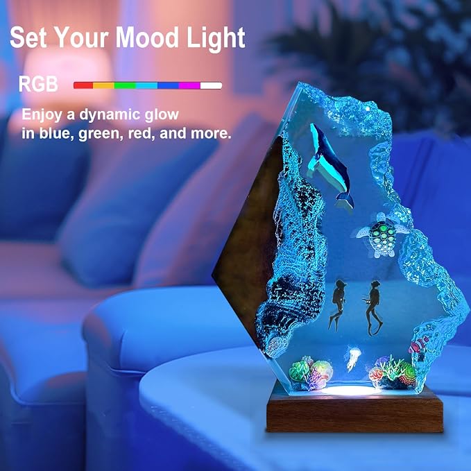 Shark Resin Lamp, Scuba Diving Resin Ocean Lamp,Handmade Shark Decor Bedside Nightlight with Wooden Base, RGB Mode,Unique Gifts for Valentine's Day, Mother's Day, Birhtday,Holiday (S 6"x4")