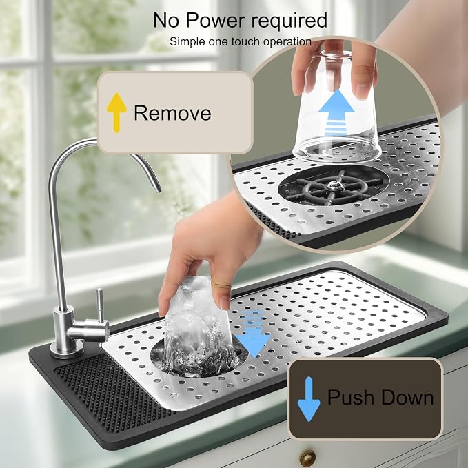 DIBTSA Pitcher Rinser, Stainless Steel Countertop Glass Rinser Cup Washer Sink with Side Spray,Drip Tray for Home Cafe Restaurant