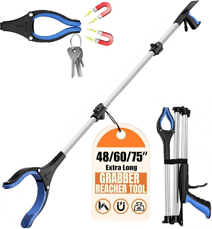 60Inch Extra Long Grabber Reacher Tool, LEGENDONE Easy Foldable Reacher Grabber, Dual Magnetic Tip Pickup Tool Trash Picker, Strong Grip Aid for Upper Shelves, Elderly, Surgery Recovery Must Have