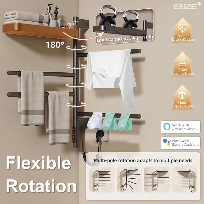 ENZE Smart Rotating Heated Towel Rack for Bathroom, 4-Bar Wall-Mounted Electric Towel Warmer with Swivel Shelf, Wi-Fi App Control, 24H Timer, Stainless Steel, IPX5, Hardwired/Plug-in, Gray