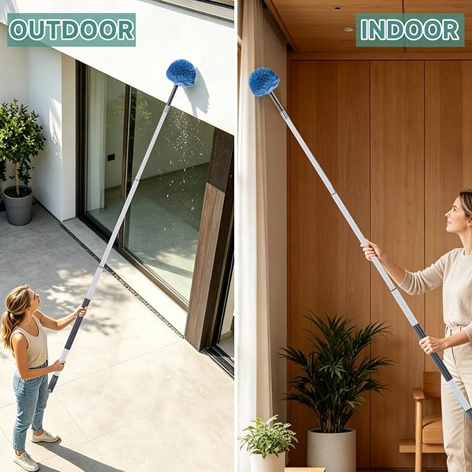 4-10 FT Spider Web Brush with Pole, Cobweb Duster with Extension Pole for Outdoor & Indoor Cleaning, Washable Cleaning Duster Kit with 2 Duster Heads for High Ceilings 18 Ft Reach
