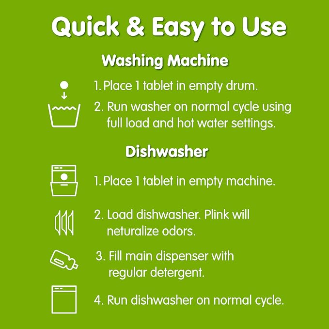 Plink Washing Machine and Dishwasher Cleaner and Freshener, Prevents Residue and Removes Odors in Kitchen and Laundry Room Appliances, Septic-Friendly, Made in the USA, Lemon Scent, 12 Tablets