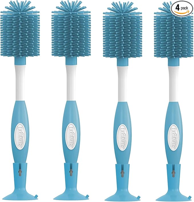 Dr. Brown's Soft Touch No Scratch Baby Bottle Cleaning Brush, Nipple Cleaner and Suction Cup Base for Easy Storage, BPA-Free, Blue, 4-Pack