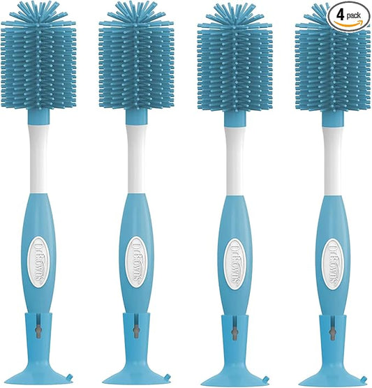 Dr. Brown's Soft Touch No Scratch Baby Bottle Cleaning Brush, Nipple Cleaner and Suction Cup Base for Easy Storage, BPA-Free, Blue, 4-Pack
