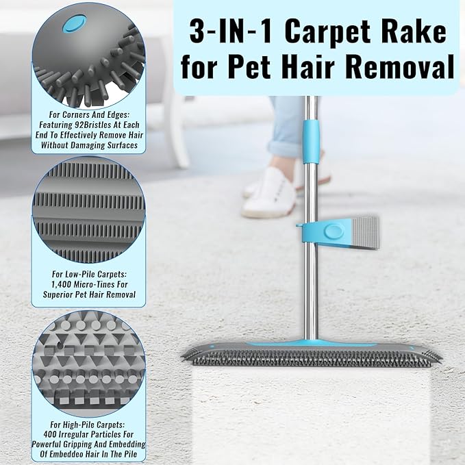 Carpet Rake for Pet Hair Removal Tool, 2 in 1 Carpet Scraper with 59" Adjustable Handle, Silicone Rug Rake for Dog & Cat Fur Hair, Pet Hair Remover for Rugs, Mats, Couch, Furniture, Floor