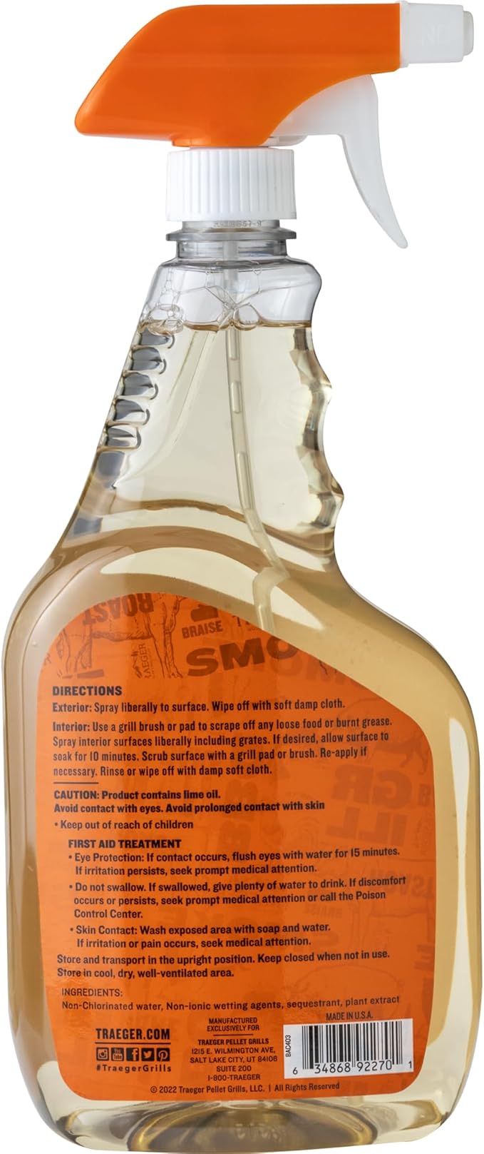 Traeger Grills BAC679 Grill Cleaner Spray Bottle,Grease Cutter,Keep Grill Shiny,No Harmful Chemicals,Citrus Scent,946ml,(Pack of 2)