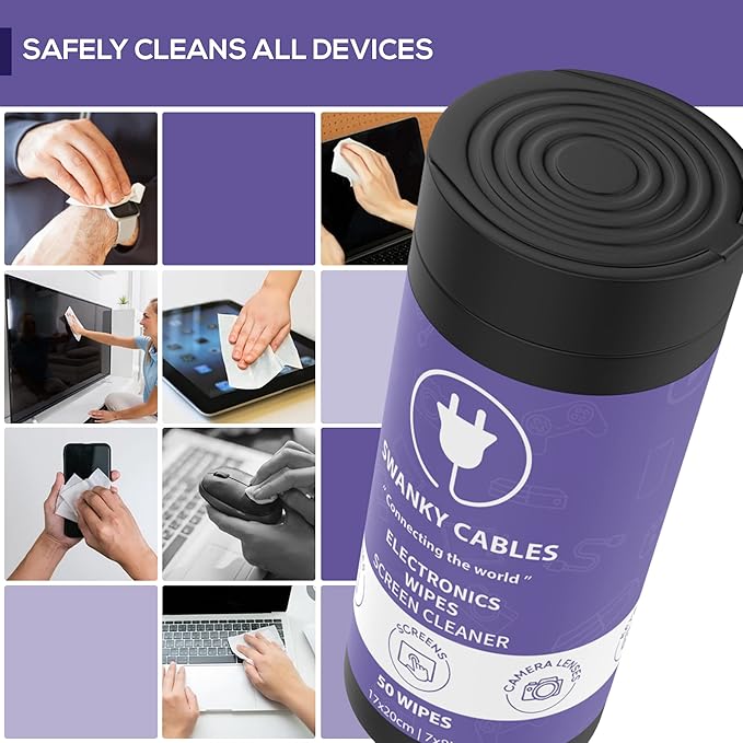 Swanky Cables Electronic Cleaning Wipes - Computer, TV, Monitor, Phone, Laptop, Tablet, Keyboard, Camera & Lens Cleaner, Portable Tech Screen Cleaner - With Microfiber Cloth - Canister, 150 Count