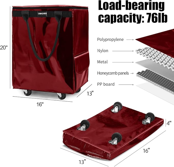 (Medium,Red) Reusable Grocery Bag on 4 Wheels, 70L Foldable Rolling Tote Bag with 3 Handles and Zipper, Rolling Shopping Cart for Groceries, Storage, Laundry, Travel, Organizer, 76lb