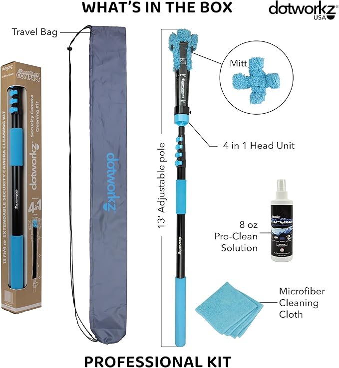 DomeWizard™ Compact Security Camera Cleaning Kit with Pole – Streak-Free Lens Cleaner for Dome, PTZ, Mini Dome & Bullet Cameras – Reusable Microfiber Mitt + 8oz Cleaning Solution