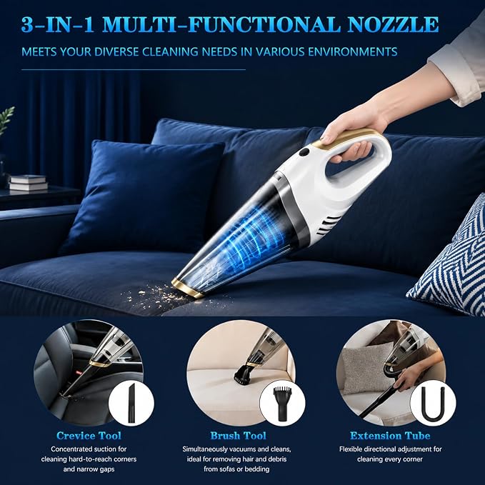 Handheld Vacuum Cordless Rechargeable, Portable Car Vacuum Cleaner | Strong Suction Hand Vacuum with LED Light, Washable Filters and Attachments for Car, Pet Hair, Home and Office