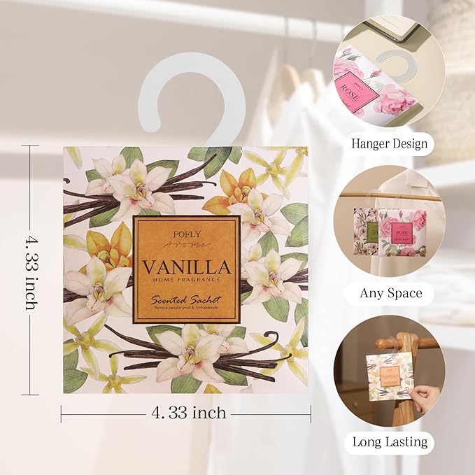 12 Pack Vanilla Scented Sachets, Long-Lasting Fresh Scent, Air Freshener for Closet & Drawers, Hanging Deodorizer for Home