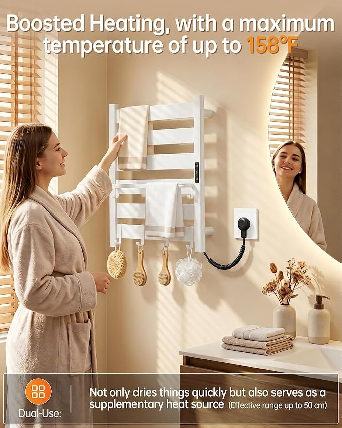 6-Bar Wall-Mounted Heated Towel Rack – Fast PTC Heating in 6 Minutes, Adjustable Temperature & Timer, Space Aluminum, Matte White, Large Capacity Blanket Warmer,Towel Warmer for Family Bathrooms