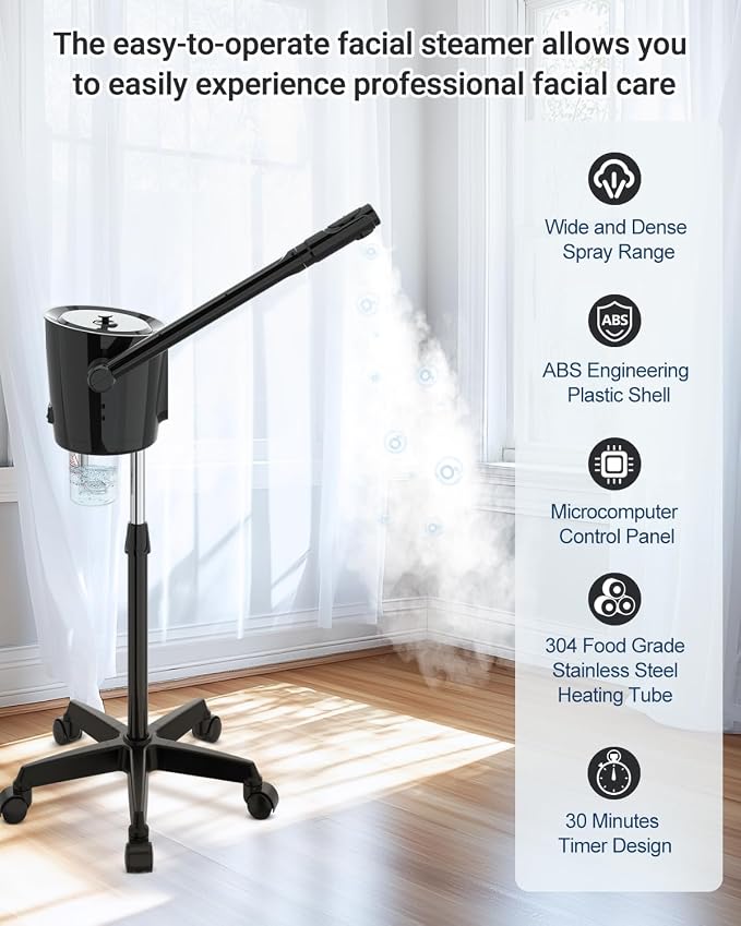Professional Facial Steamer with Ozone - Ionic Nano Hot Mist Steamer with Large Capacity and 30-Min Timer for Estheticians, Beauty Salons, and Home Skin Care Use