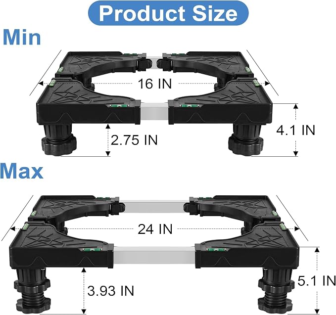 Mini Fridge Stand with Silicone Mat, Adjustable Height 4.1-5.1" Washer and Dryer Stand Base with 24"x24" Silicone Drip Tray Mini Refrigerator Stand Base for Furniture Portable Appliance Pedestal Gray