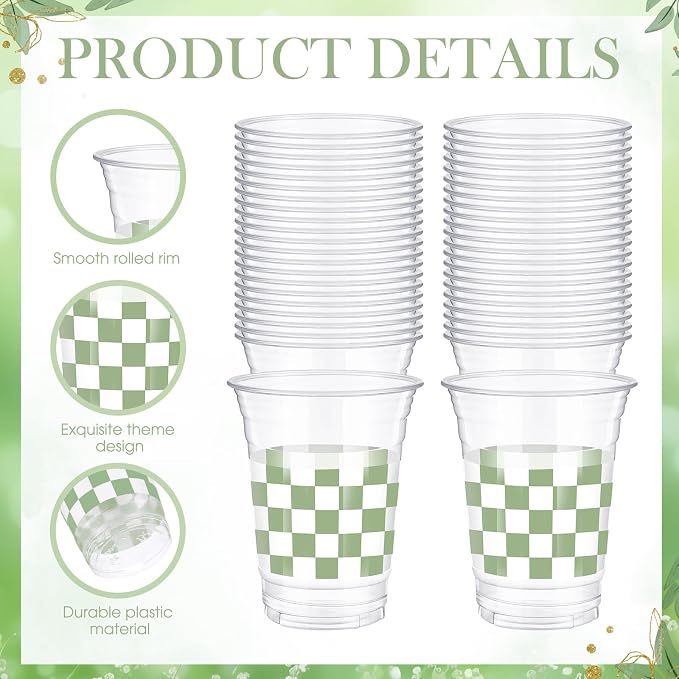 SiliFine 50 Pcs 12 oz Green Checkered Plastic Cups Clear Disposable Gingham Plaid Party Cups for Birthday Baby Shower Picnic BBQ Garden Golf Party Decorations