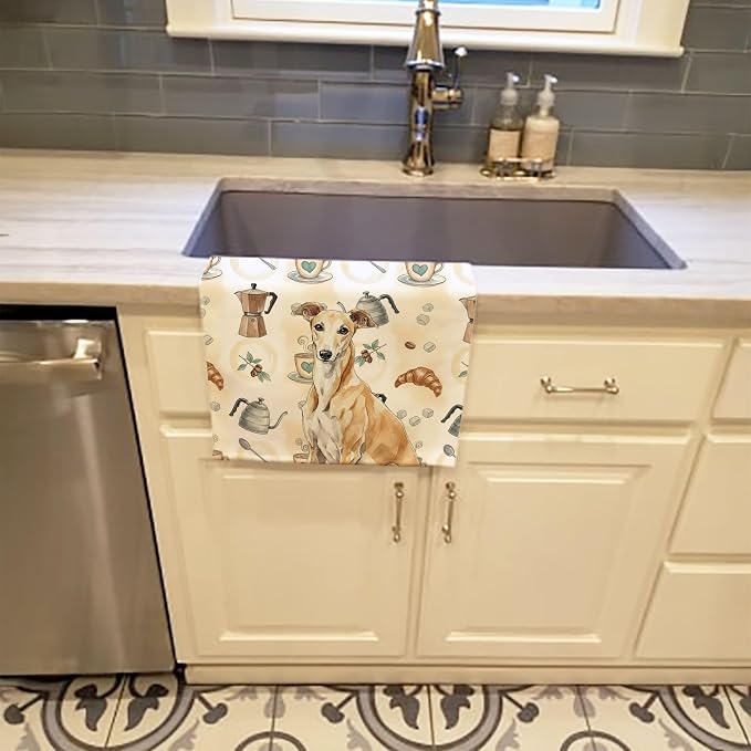 Caroline's Treasures Fawn Greyhound Coffee Bar Kitchen Towel Velour Plush Front and Cotton Loop Back Machine Washable